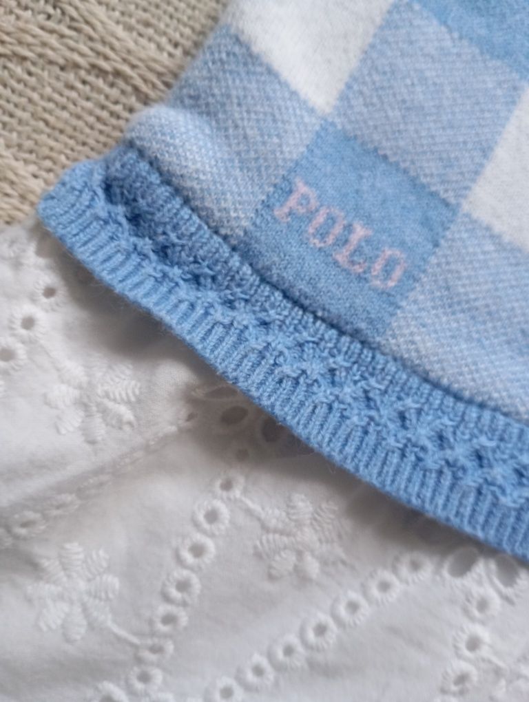 RALPH LAUREN 9-12m bawełniana haftowana sukienka niebieska w kratkę