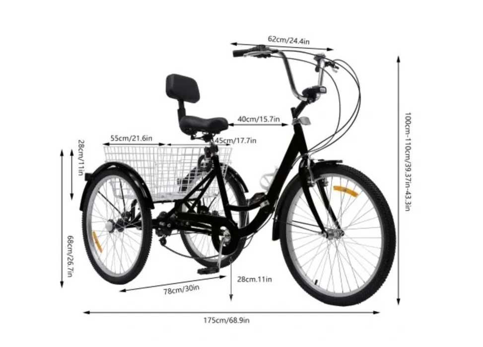 Stabilny trójkołowy rower 24" dla seniora dla dorosłych – składany