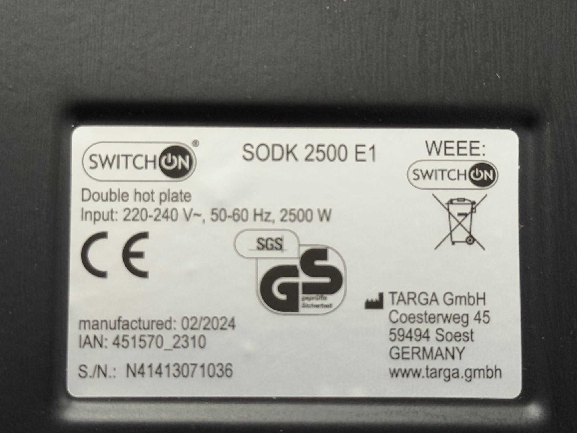 SWITCHON Podwójna płyta grzejna  SODK 2500 E1, 2500 W