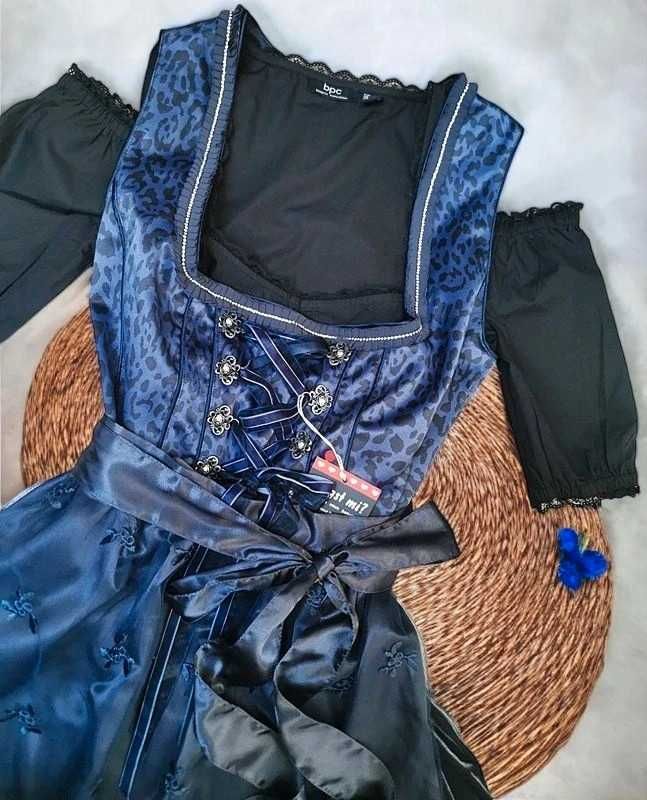 Sukienka Midi Granatowa Gorsetowa Panterka Haftowana Wiązana Bawarska