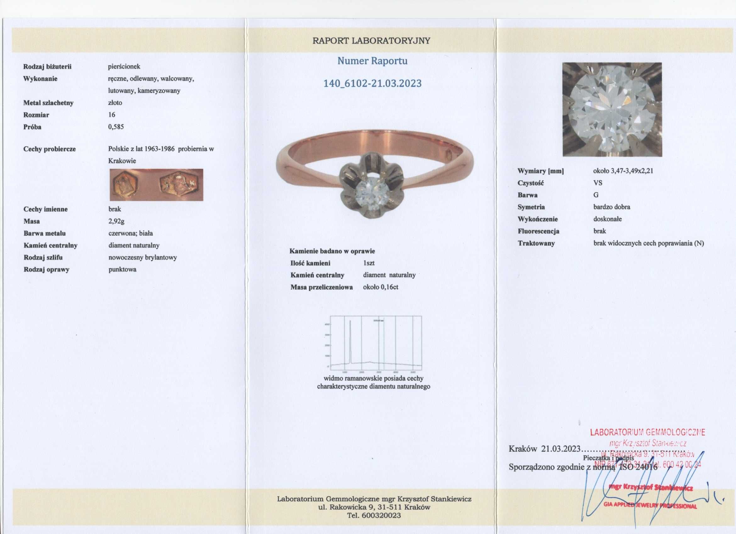 Złoty Pierścionek - Diament - 2,92g - VINTAGE - PRL - Kraków