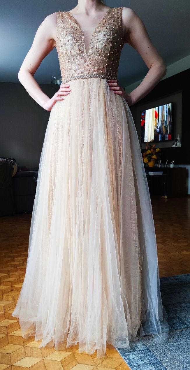 Sukienka suknia balowa typu księżniczka z brokatem i perełkami 36