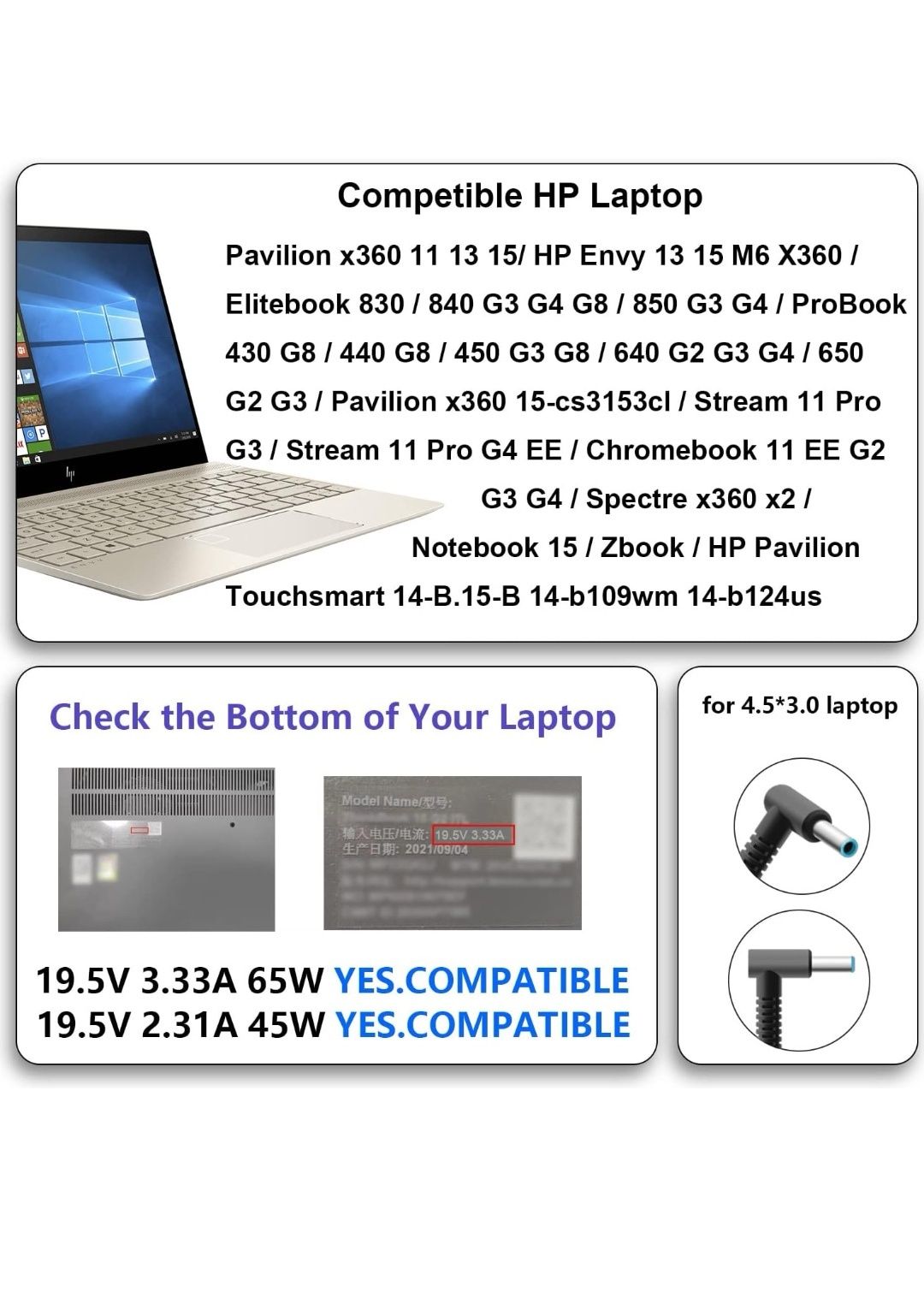 65W Zasilacz Ładowarka do HP Pavilion x360 11, Envy 13 15 17, ProBook