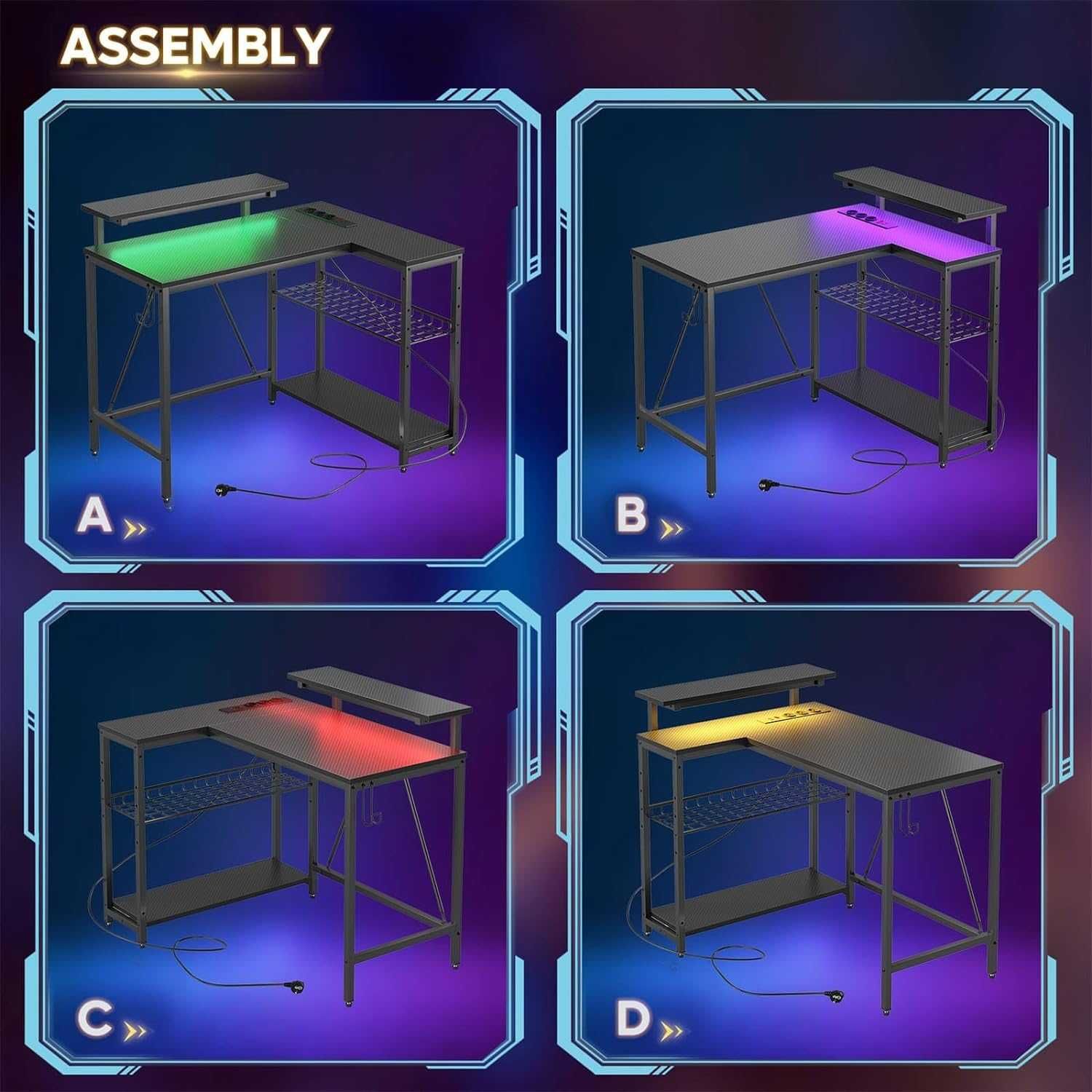 Mesa de gaming secretária preto fibra carbono   3 tamanhos/LED/tomadas