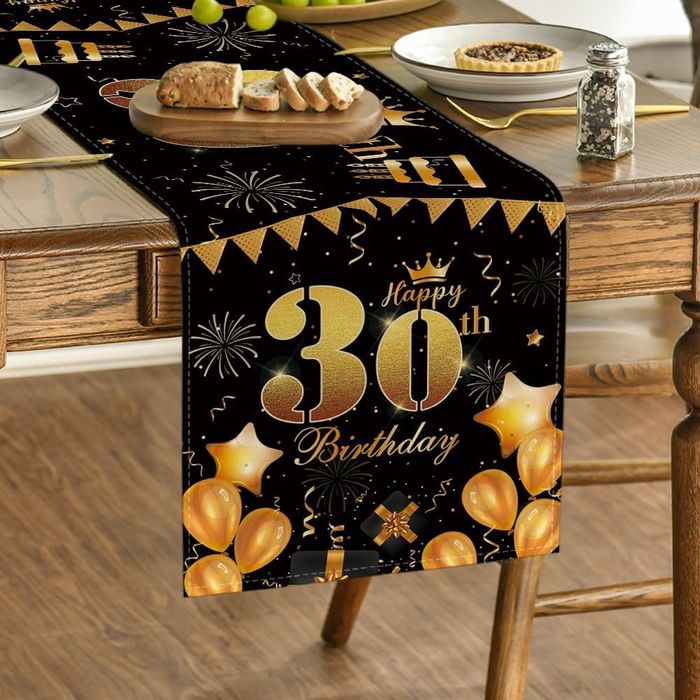 Dekoracja Stołu na Przyjęcie 30 Urodziny  Czarny Złoty 40x140 cm
