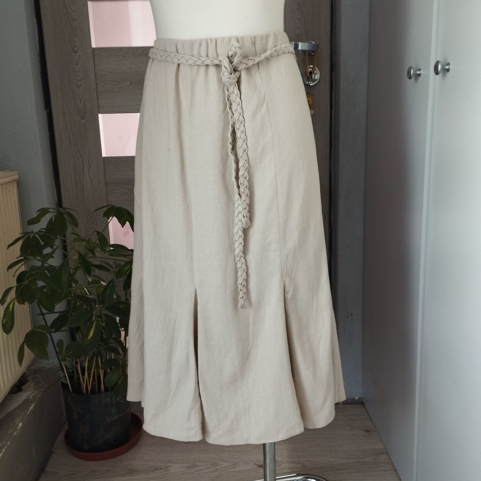 Spódnica lniana BHS, r. 48, beżowa, len + wiskoza, z paskiem