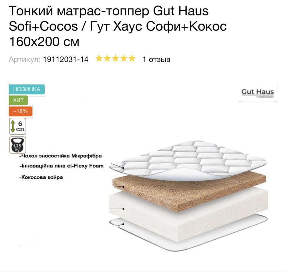 Матрас-топпер 200/160 см.