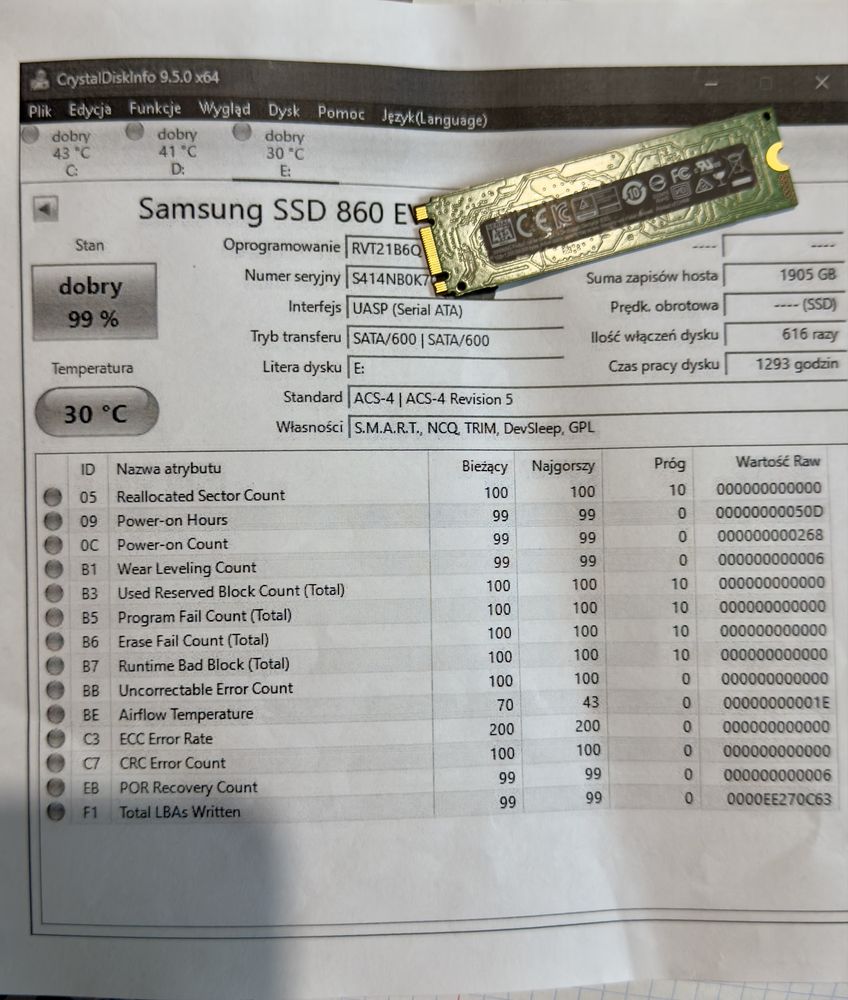 Dysk SSD SAMSUNG 860 EVO 500 GB M.2 SATA III 600 - zdrowie 99 % raport