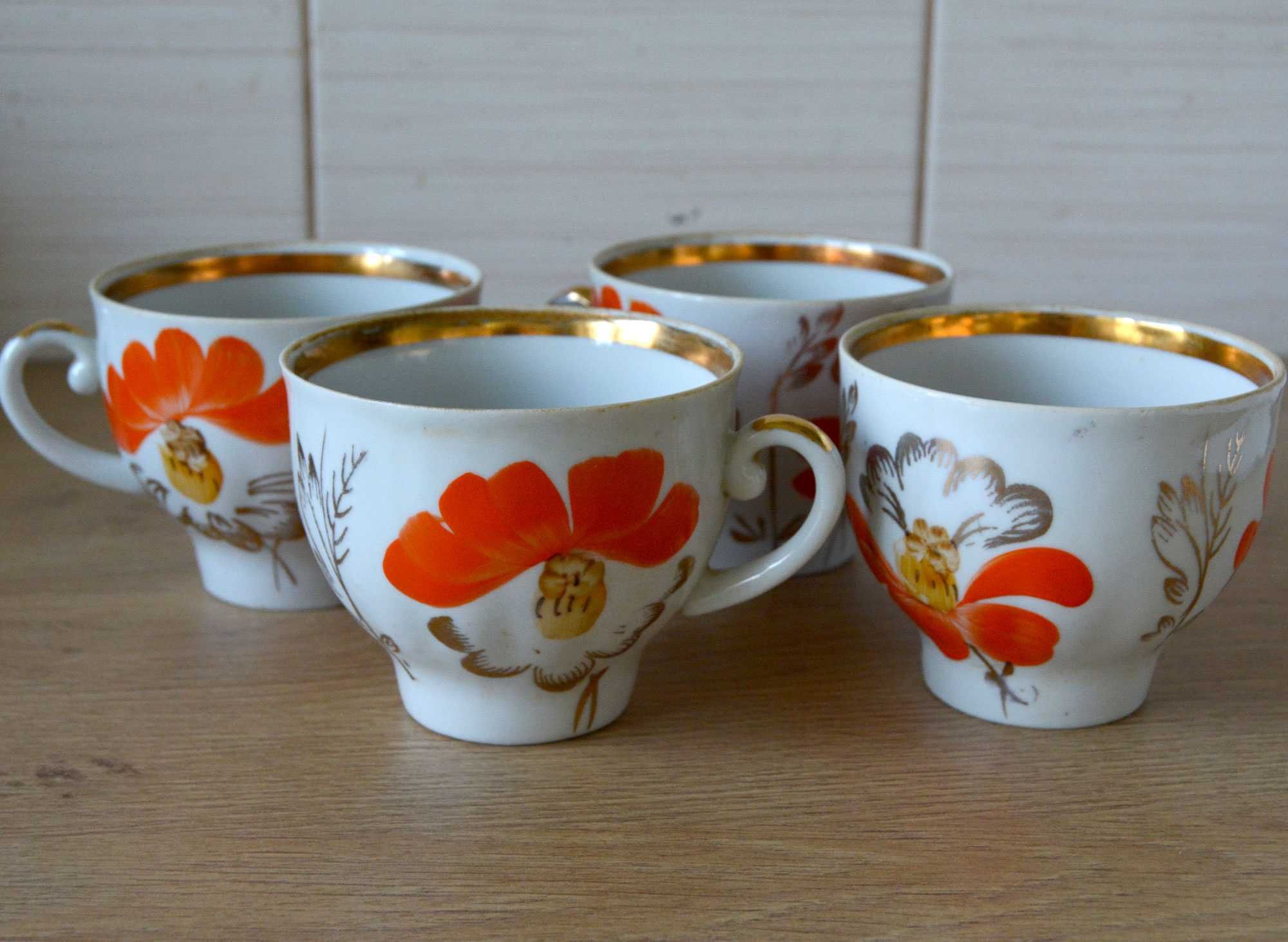 Набір чашок для чаю та кави з помаранчевими квітами, Вінтажний посуд