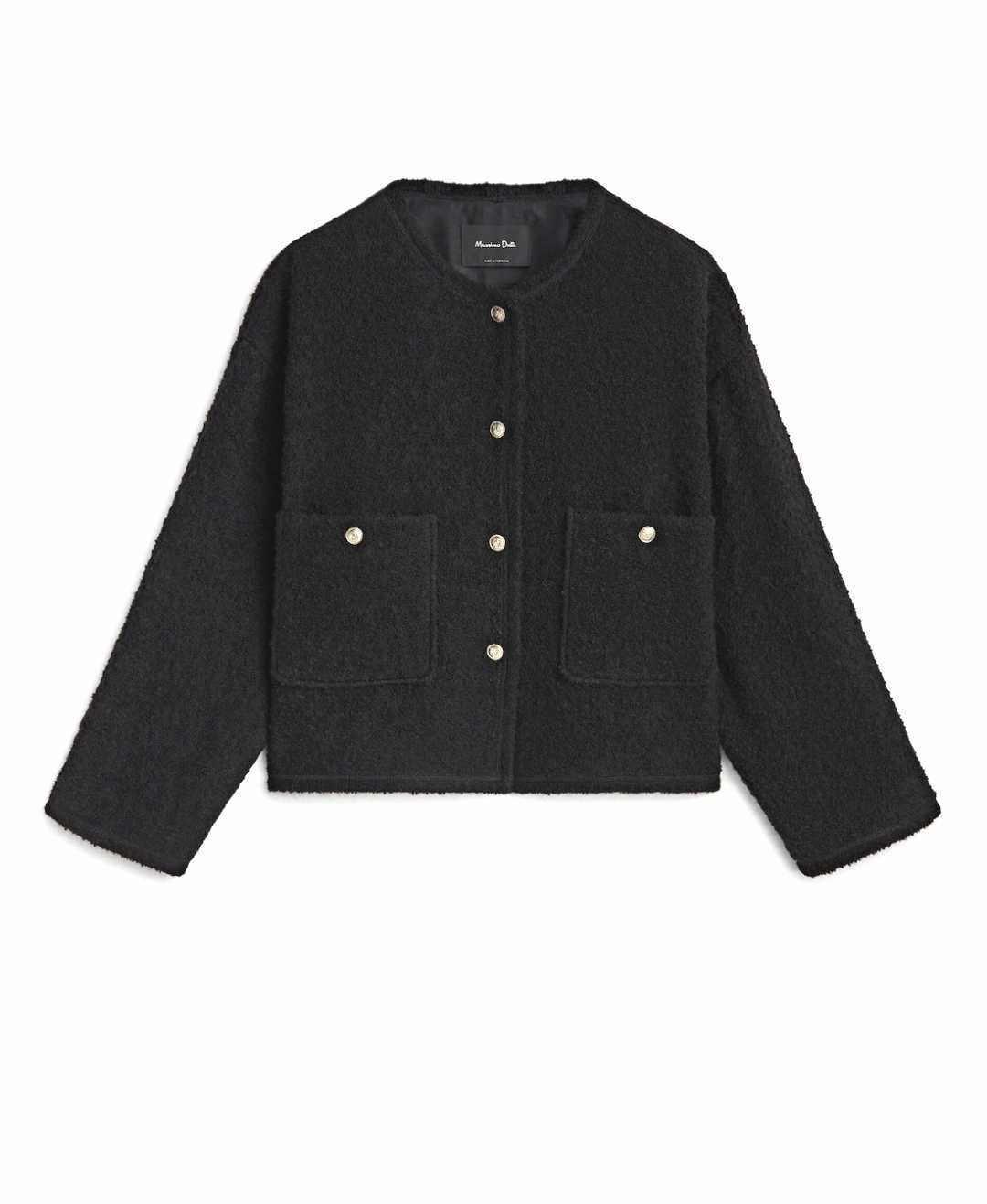 Massimo Dutti wełniany Krótki Żakiet Kardigan Boucle 38M 40L czarny XS