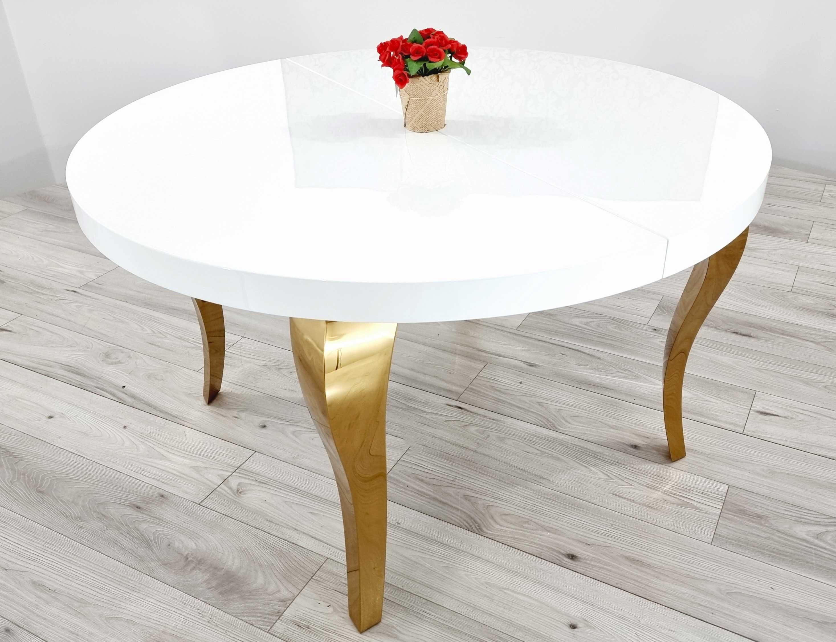 Stół Glamour rozkładany okrągły 130cm/160cm Ludwik GOLD/WHITE