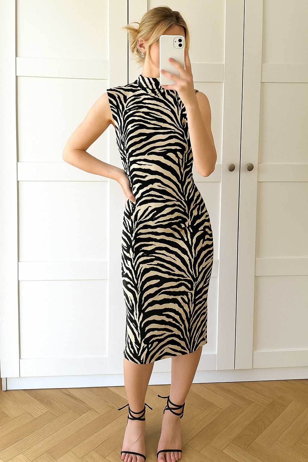 Nowa Ołówkowa Sukienka Midi z Wzorem Zebra H&M
