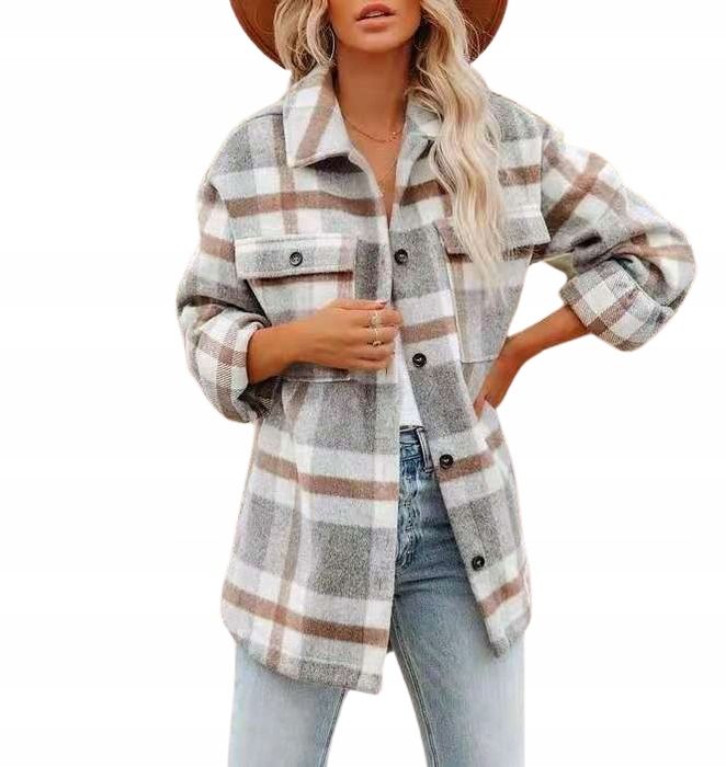 Koszula W Kratę Ciepła Oversize Luźna Kurtka