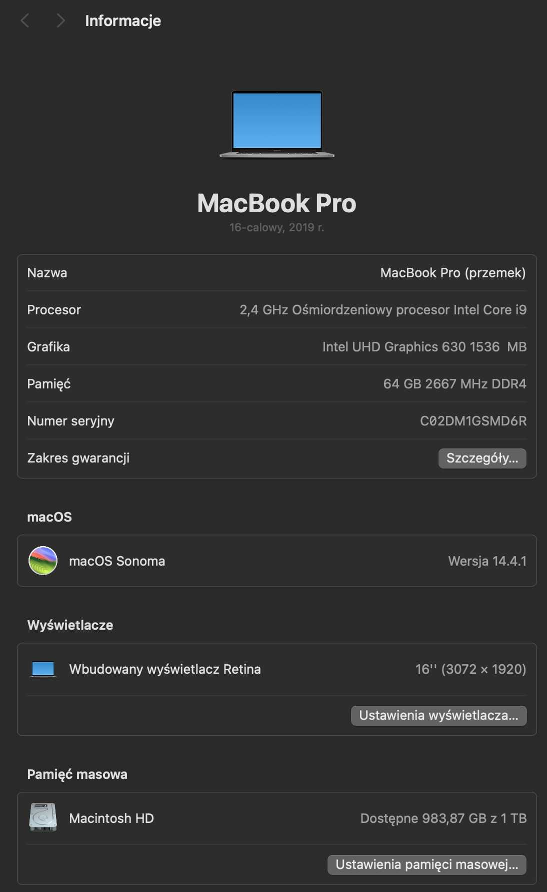 MacBook Pro 16" 2019 / Core i9 / Radeon Pro / 64GB / 1TB / Jak nowy