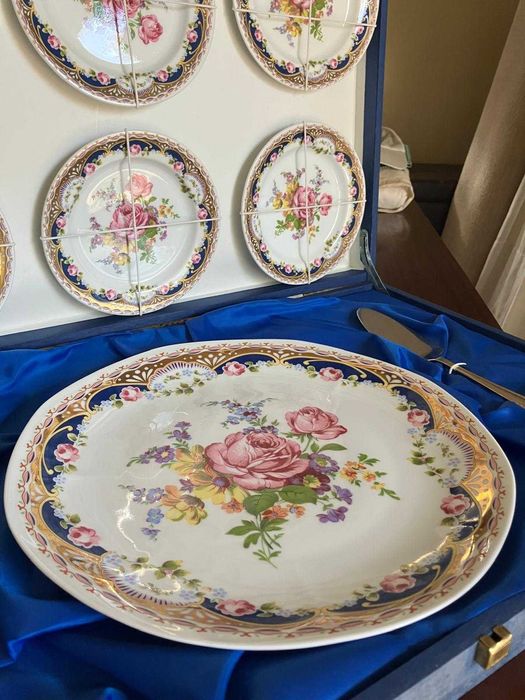 Conjunto porcelana vintage padrão folha de ouro sobremesa c caixa