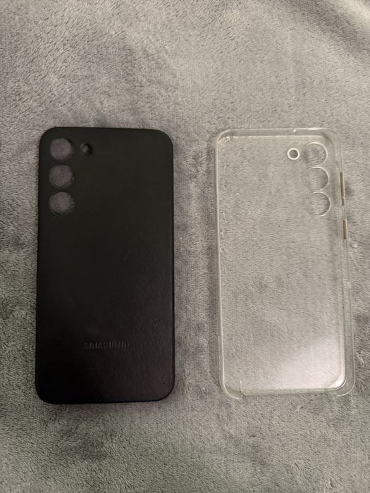 Оригинальный кожанный черный чехол для Samsung S23+ (пластик бонусом)