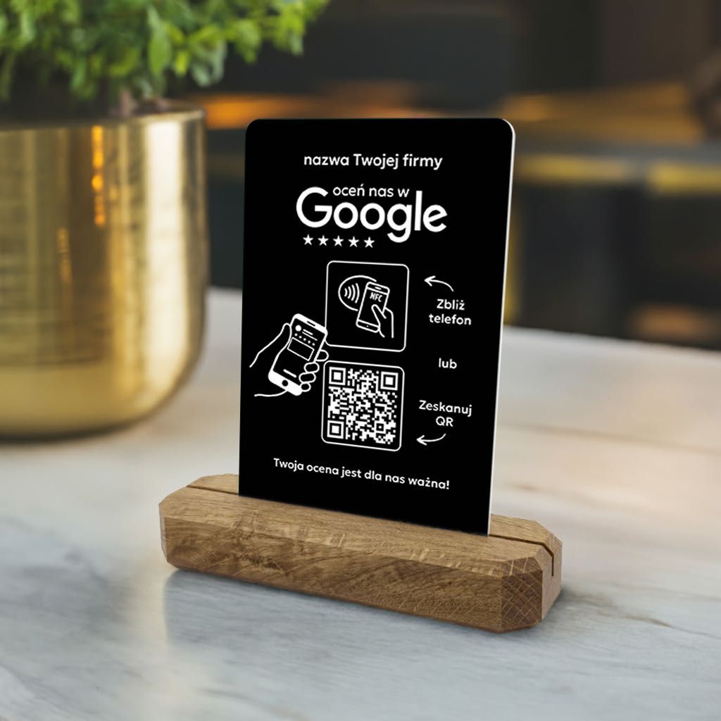 Stojak prezenter z QR i NFC do zbierania opinii w Google + nazwa firmy
