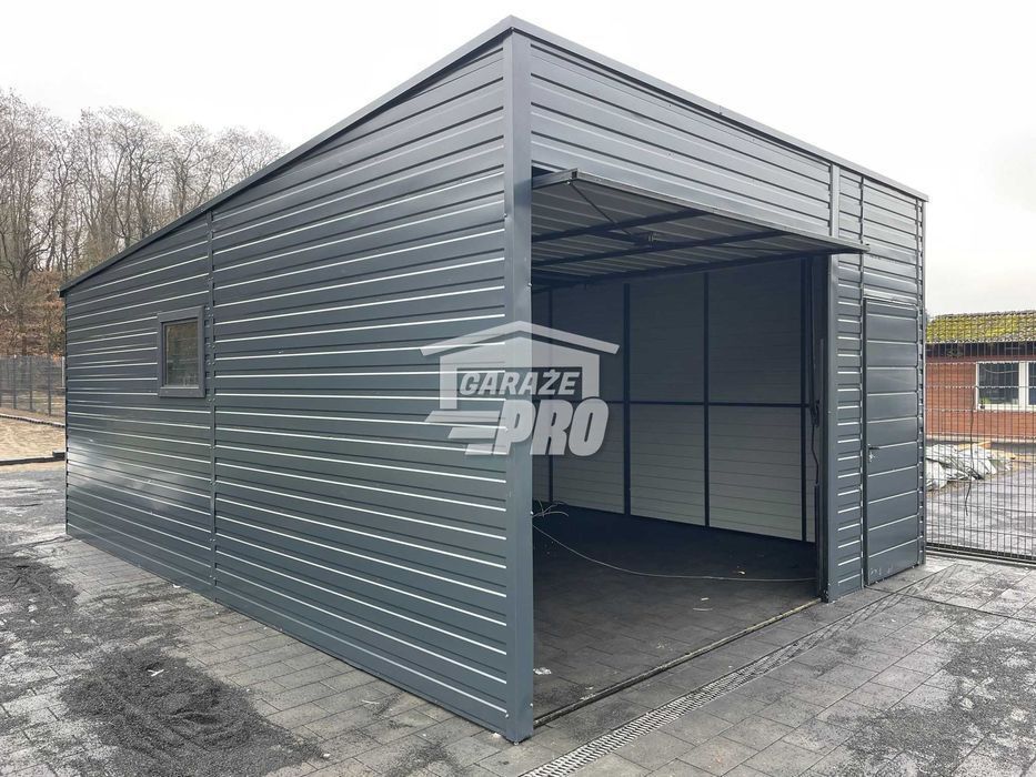 Garaż blaszany 4,5x6  antracyt drzwi +  okno  Dach spad w tył  GP109