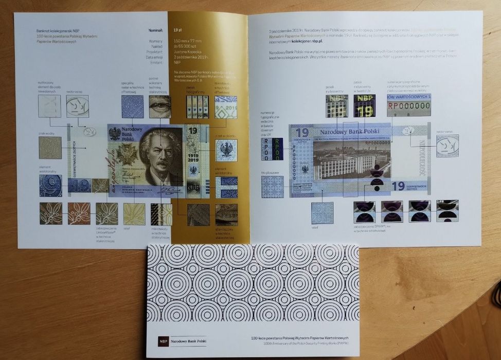 Banknot 19zł 100 lecie PWPW Paderewski UNC z folderem