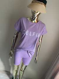 ONE t-shirt oversize + kolarki prążek komplet lila dres M-L