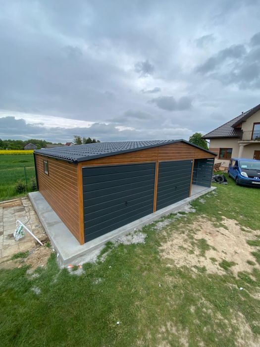Garaż blaszany 6x5.8 plus wiata 3x5.8, profil zamknięty, drewnopodobny