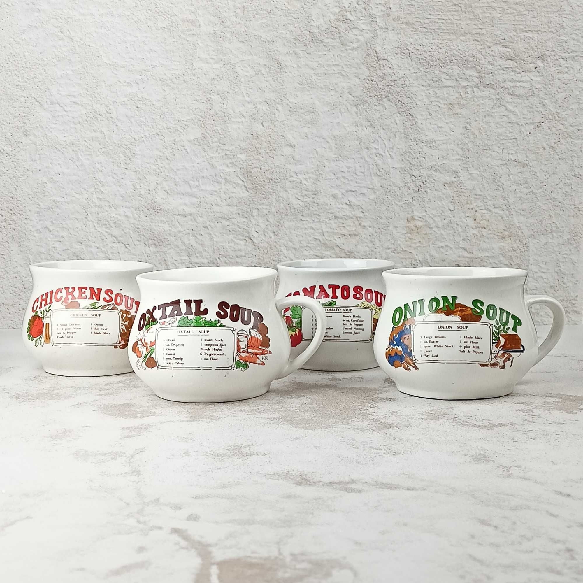 4 bulionówki vintage z uszkiem Z ceramiki Na zupę