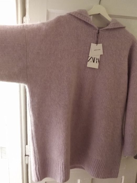 Liliowy sweter sukienka oversize wełniana liliowa wełna alpaka ZARA