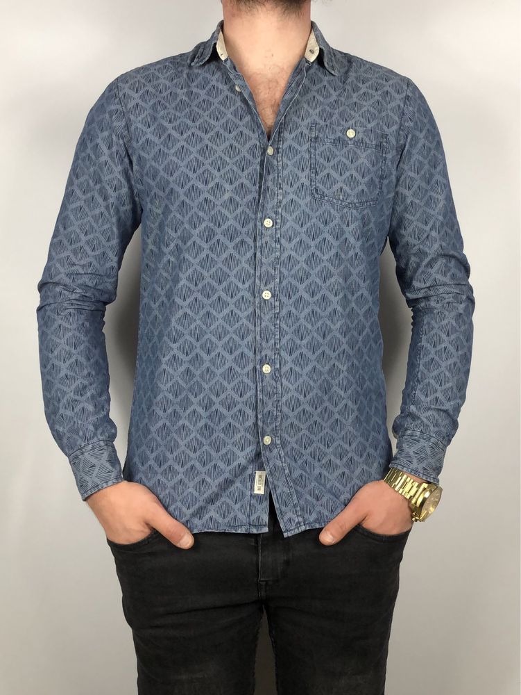 Niebieska bawełniana koszula męska Cubus Slim Fit z printem dl. rekaw