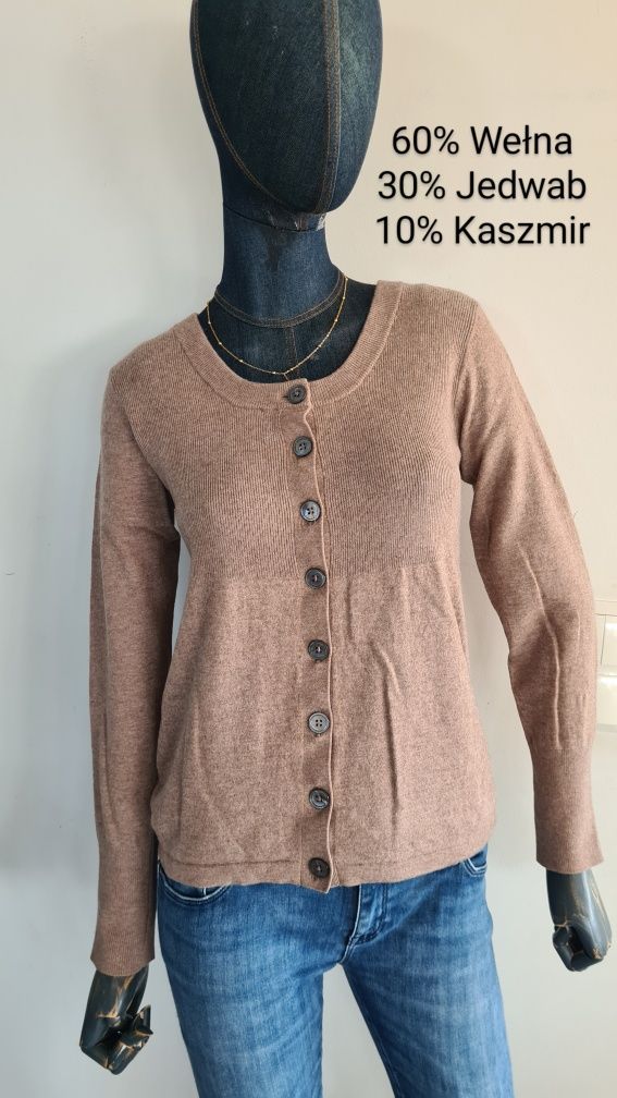 Sweter Kardigan Kaszmir Wełna Jedwab. Ciepły brąz Cammel. Rozmiar 38 M