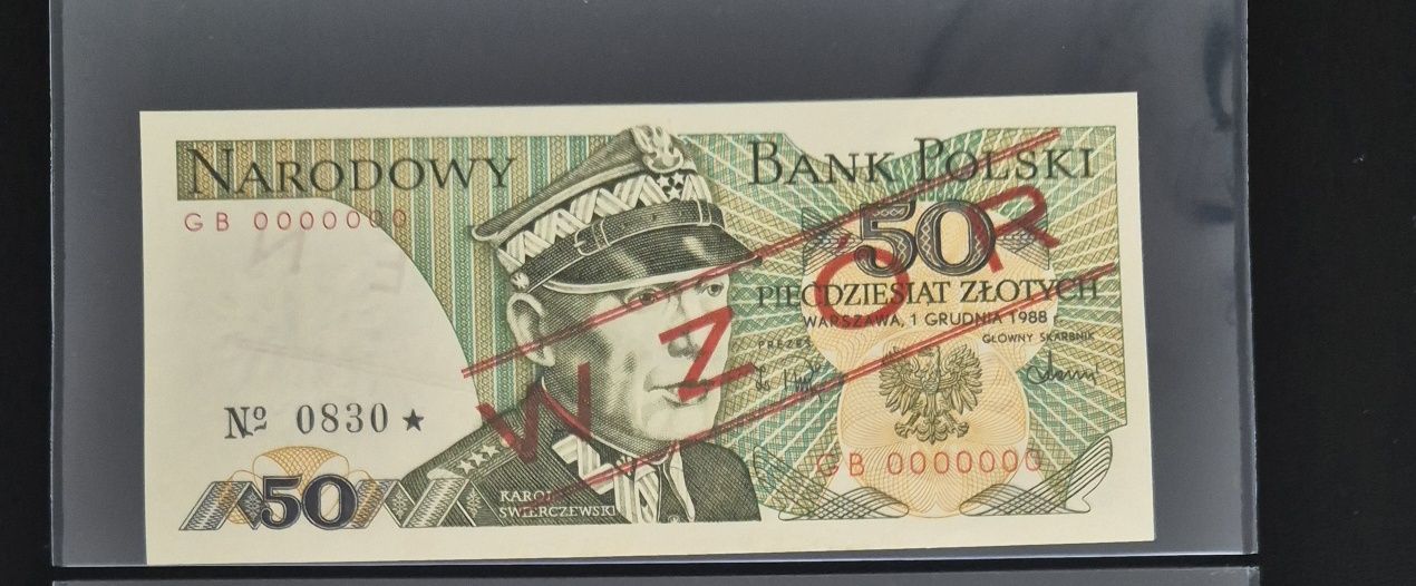 Wzór banknotu 50zł GB rocznik 1988 Świerczewski UNC stan idealny