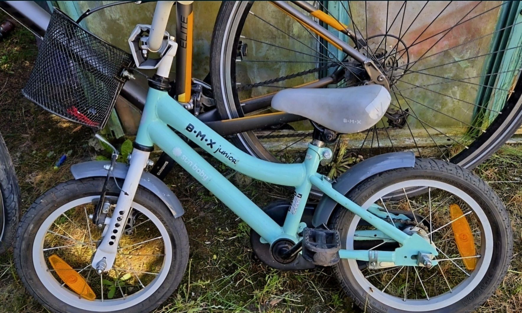 Rower dzieci BMX 14 cali z koszyczkiem i rączką do prowadzenia