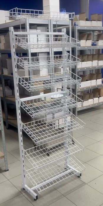 Продам торговий білий сітчастий стелаж на 8 кошиків