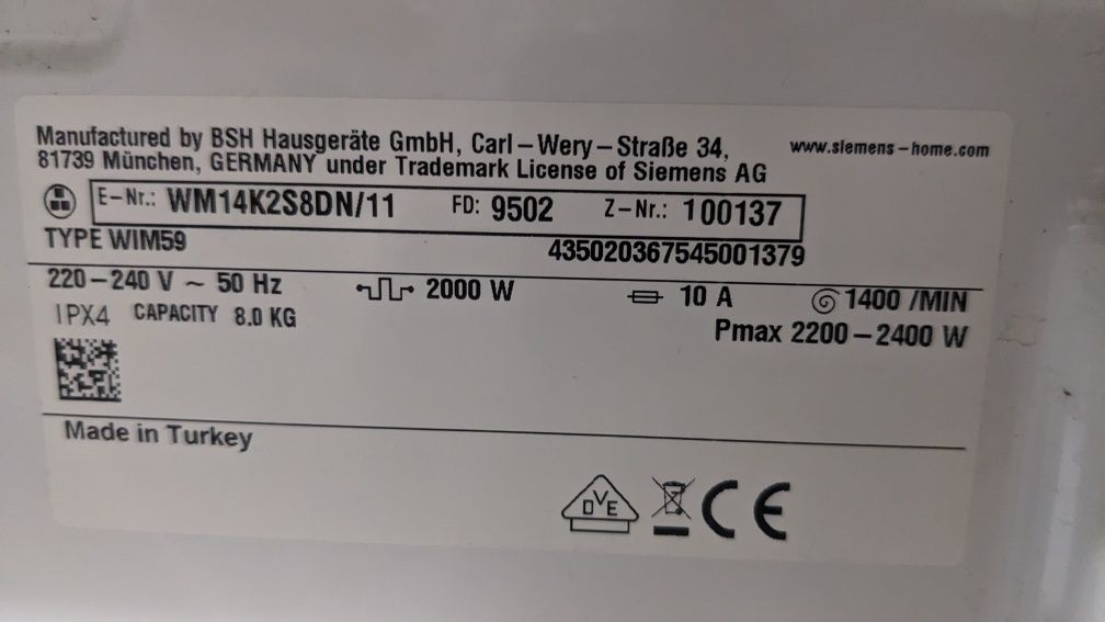 Пральна машина Siemens. WM14K2S8DN