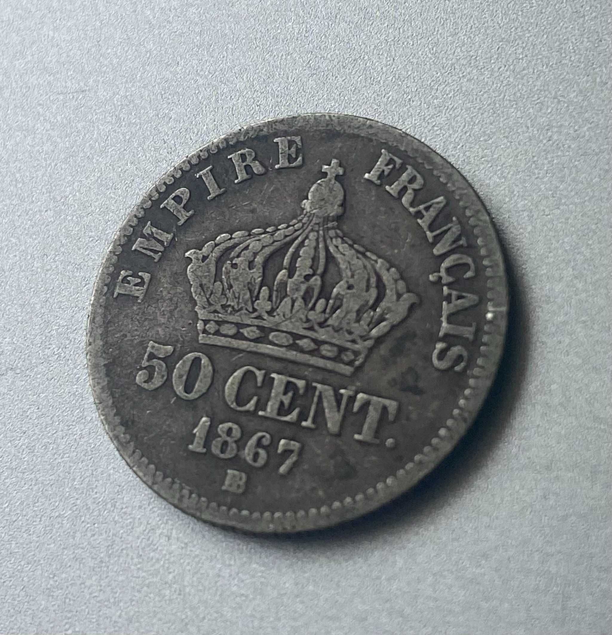 50 сантимов 1867 ВВ Наполеон III Франция Серебро