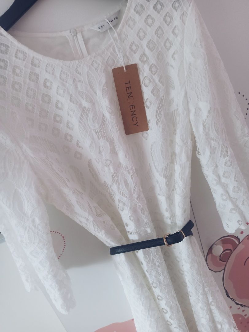 Nowa Biało Kremowa Ażurowa Sukienka midi, boho L