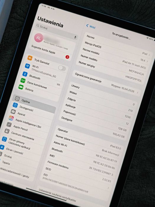 Tablet Apple iPad Air 11 (M3) 5G 128GB niebieski JAK NOWY GWARANCJA!