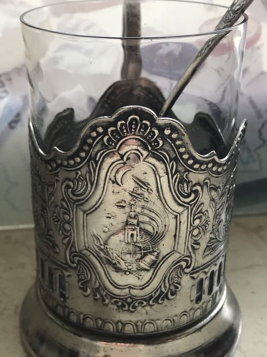 Набор подстаканник космос+ тонкостенный  стакан  + ложка. Мельхиор.