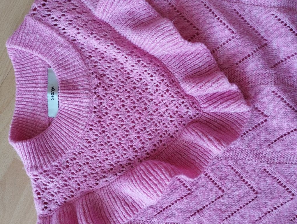 Sweterek różowy George, ażurowy, bufiaste rękawy, S 36. Dziewczęcy,