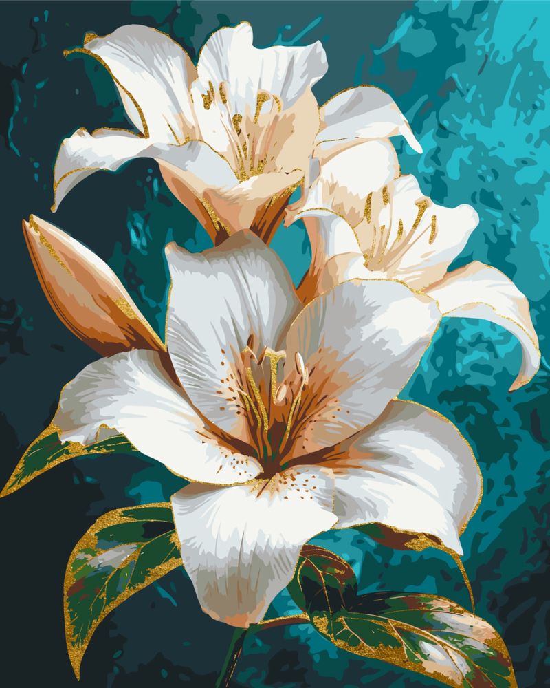Картина по номерам белые цветы, пионы, золотые краски