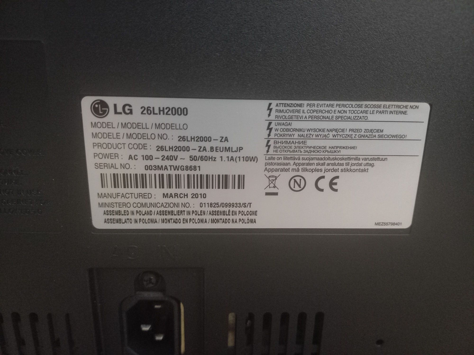 Televisão LG Plasma 26 Polegadas LG 26LH2000 - avariada