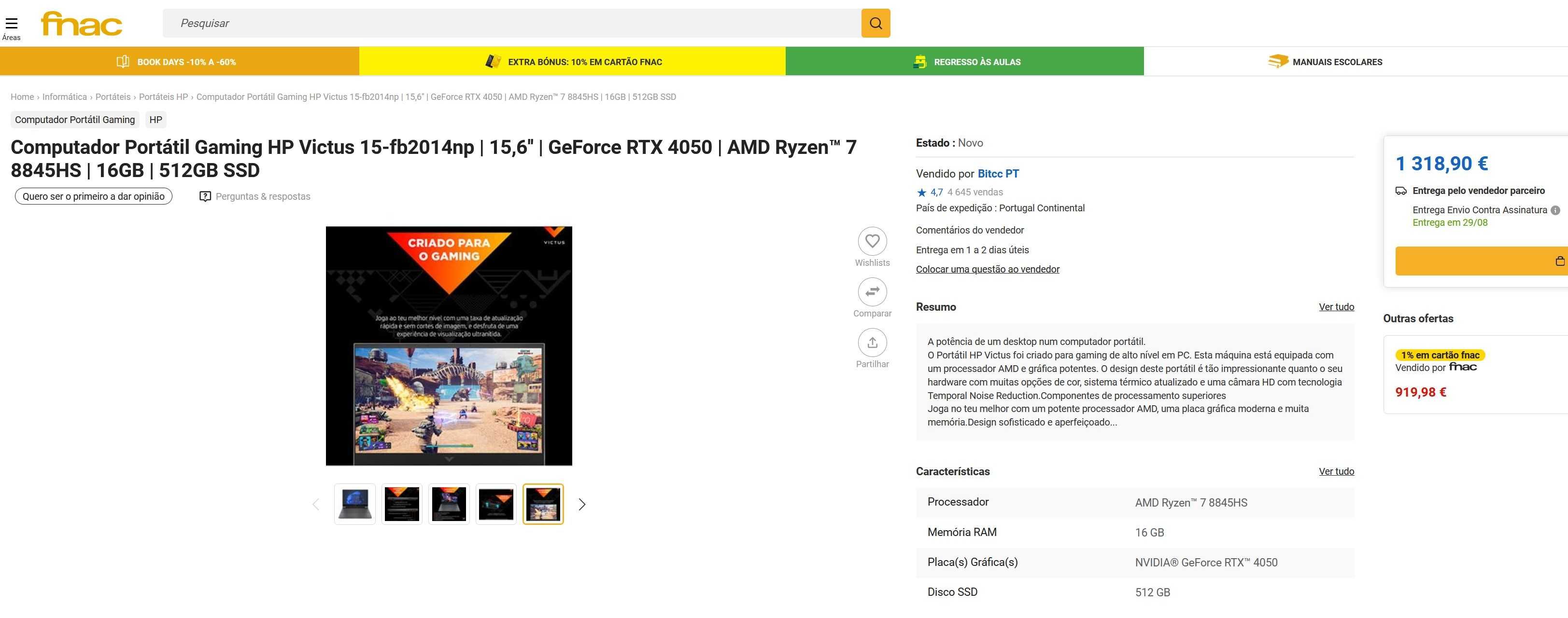 HP Victus - AMD 7-8845HS - NVIDIA RTX 4050 - 16 GB - 512 GB SSD - 15.6