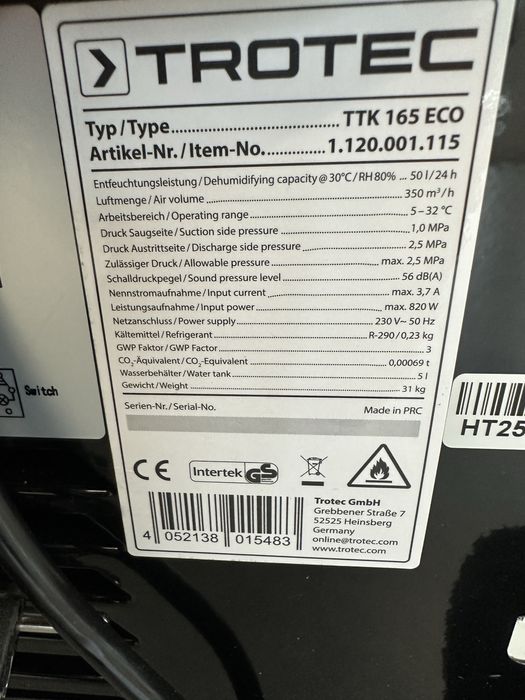 Оренда Осушувач повітря поглинач вологи сушка trotec ttk 165