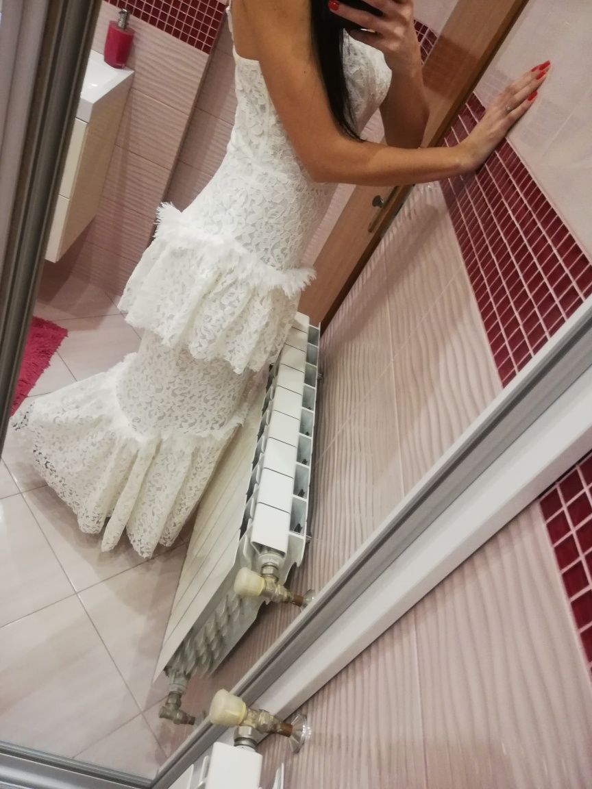 Nowa długa sukienka maxi 36 s biała suknia s/m hiszpanka koronkowa