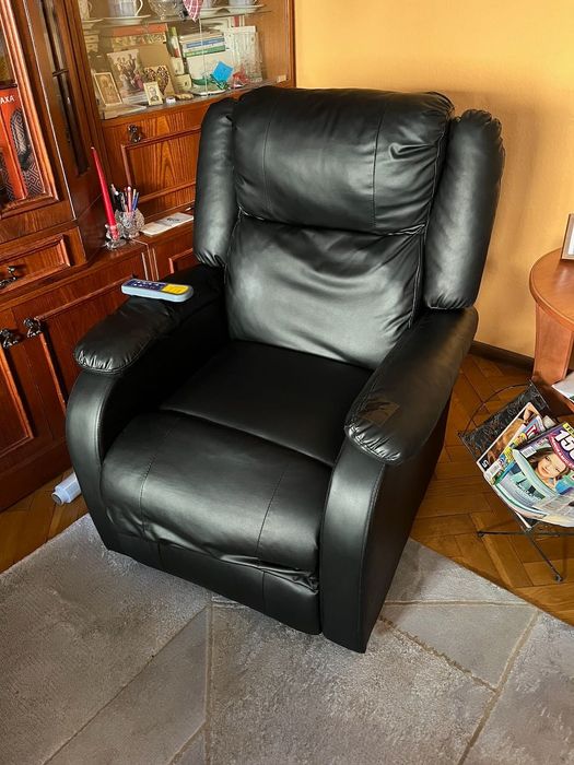 Fotel z funkcją masażu, skórzany, regulowany, czarny