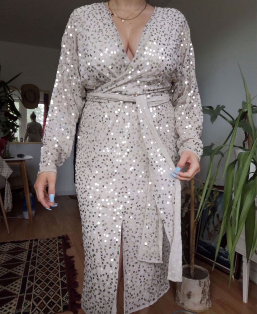 Beżowa cekinowa sukienka midi kimono m 38 asos luxe