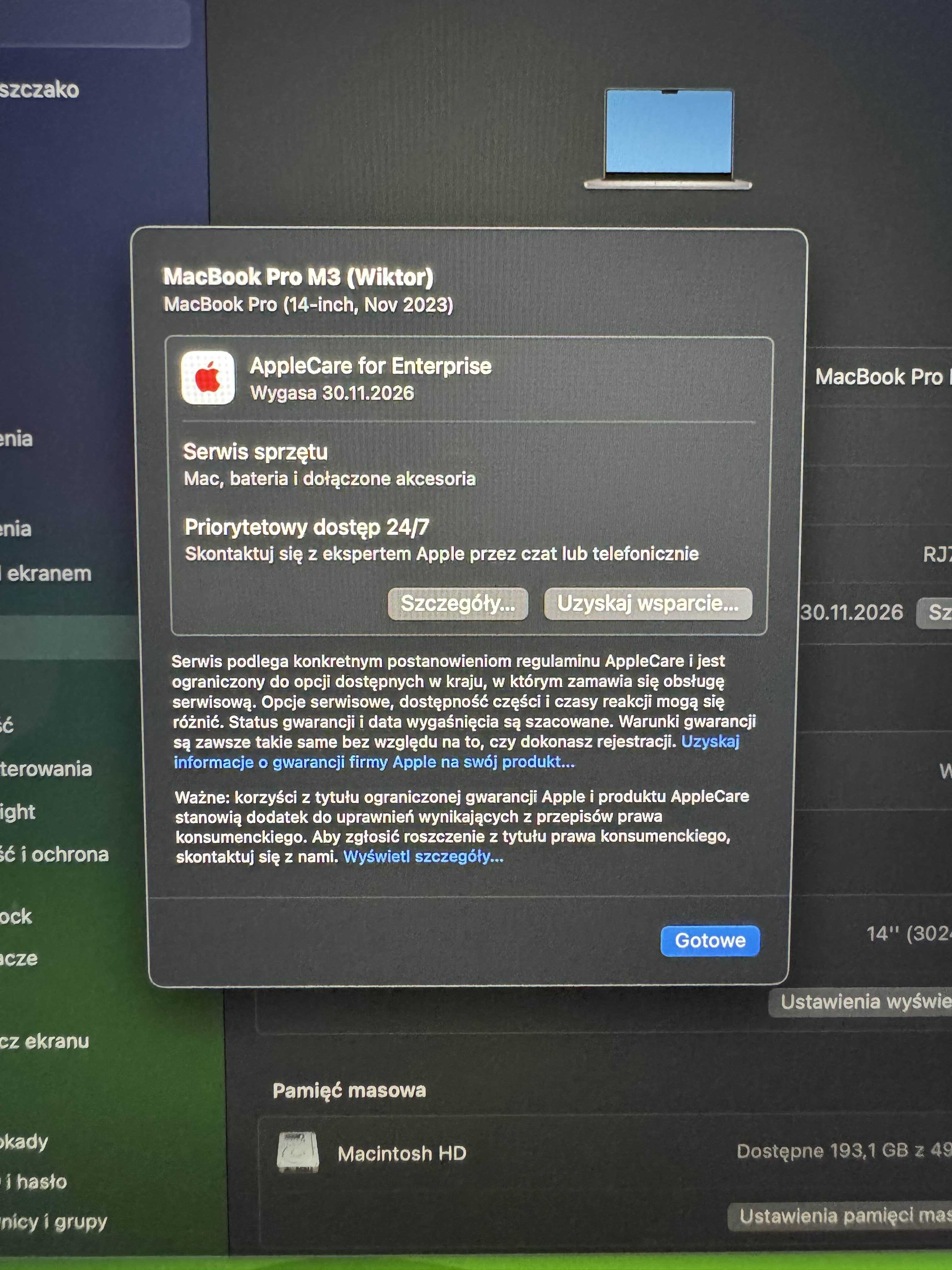 Macbook Pro 14 M3 8GB 512GB Rozszerzona Gwarancja