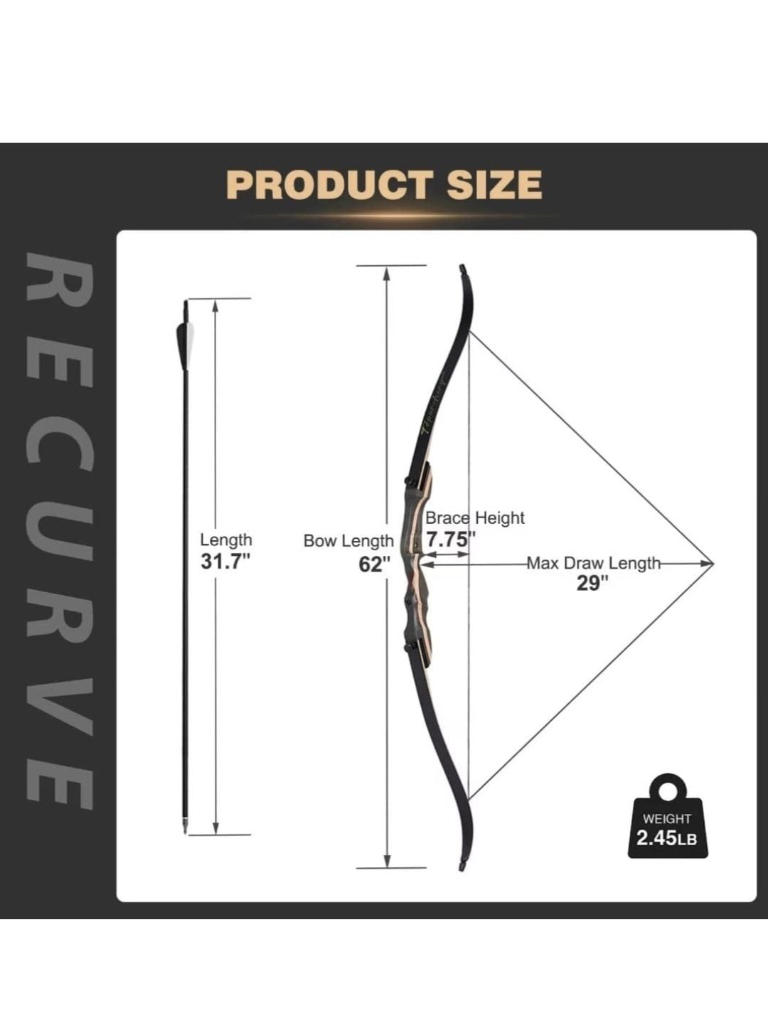 TOPARCHERY 62-calowy 157cm łuk refleksyjny drewno ze strzałami carbon