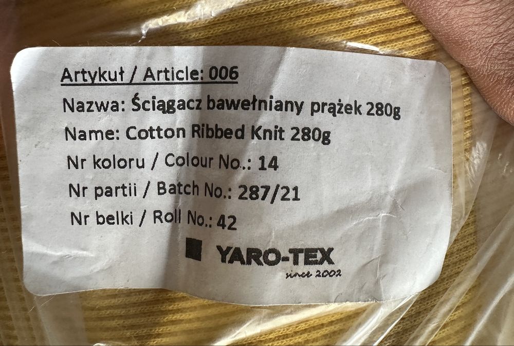 Dzianina żółta, ściągacz bawelniany prążek Yaro-Tex, gramarura 280