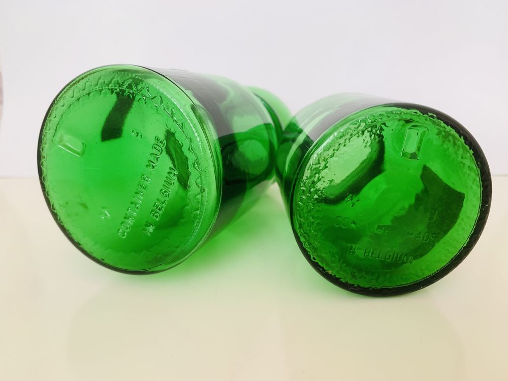Zielone butelki aptekarskie Belgia, zielone szkło prasowane, vintage,