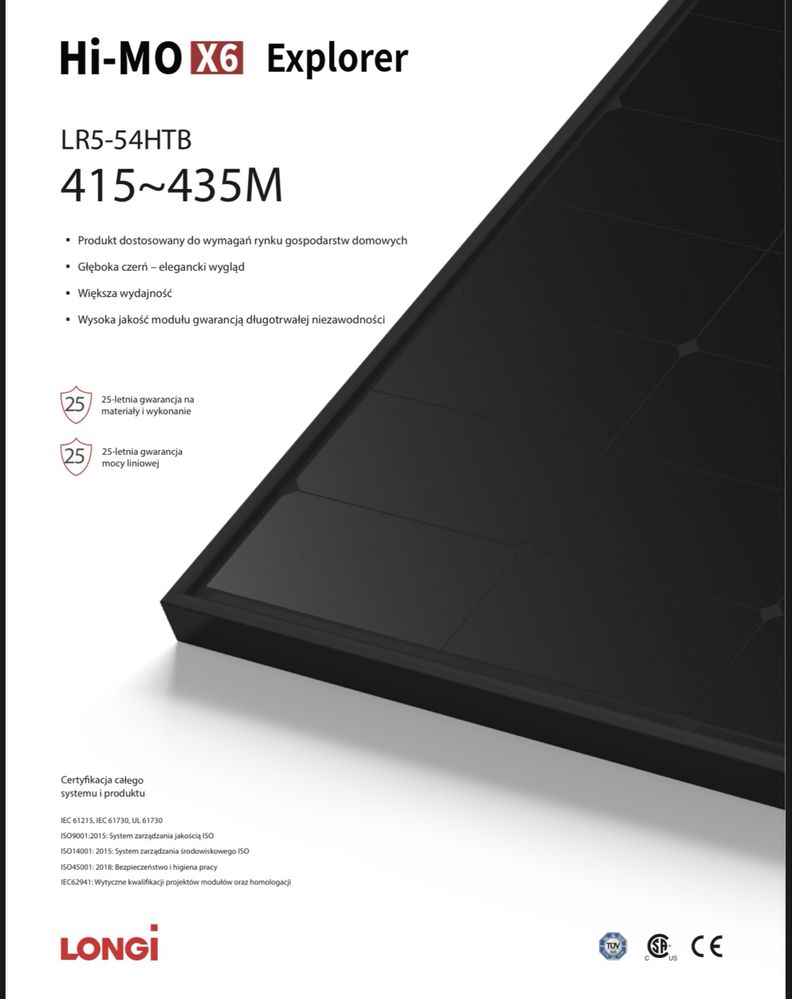 Panel moduł fotowoltaiczny Longi 425 LR5-54HTB-425M Full Black